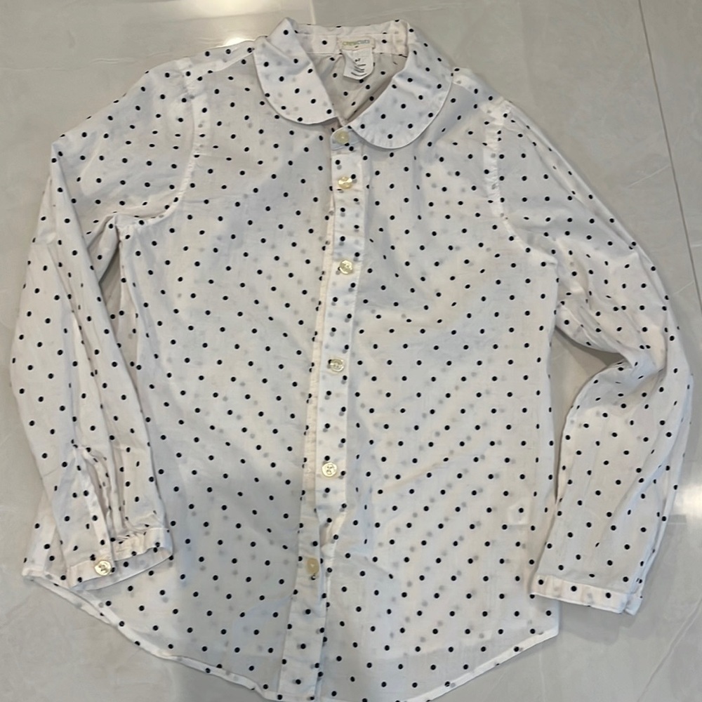 White and black polkadot, croquet button-down girls woven top